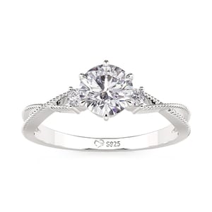 Jeulia Three Stone Engagement Ring Twist Milgrain Round Cut Sterling Silver