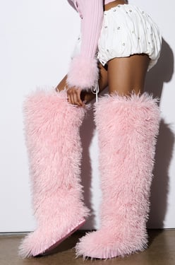 AKIRA Azalea Wang Templeton Poodle Faux Fur Over The Knee Boot | Pink | Size 11