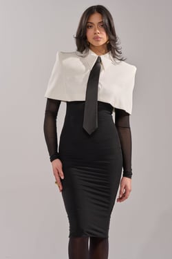 AKIRA She Means Business Tie Detail Mesh Midi Dress | Black | Size XL