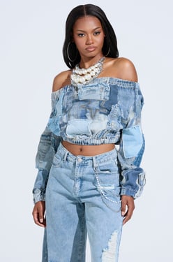 AKIRA Leila Denim Patchwork Sweatshirt | Size Medium