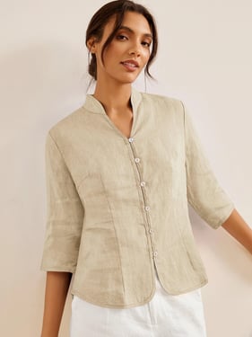 100% Linen Hand Button Fitted Jacket AMELIA - Khaki / M