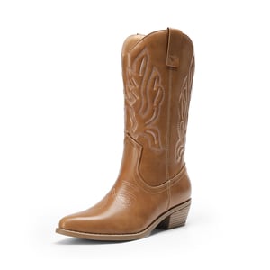 DREAM PAIRS Women   s Embroidered Pointed Toe Mid Calf Western Boots