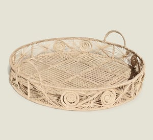 Caracoli Round Handwoven Decorative Iraca Tray - Natural Palm with Color Accents / Dark Green