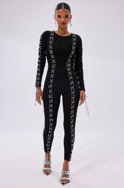 AKIRA Lace It Up Mesh Jumpsuit With Rhinestone Detail | Black | Size 2X