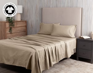 QE Home 300TC Organic Cotton Sheet Set in Ranchwood, GOTS Certified, Beige, Twin