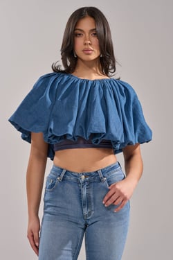 AKIRA Never Going To Stop Blouse In Medium Blue Denim | Size Large/XL
