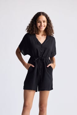 V neck Drawstring Romper in Black - Black / XL