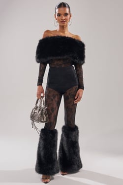 AKIRA Delara Fur Trim Lace Jumpsuit | Black | Size 1X