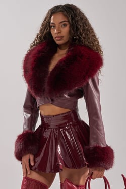 AKIRA Gisele Fur Trim Moto Jacket | Burgundy | Size XL