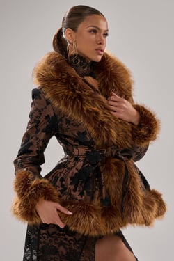 AKIRA Kenzy Fur Trim Moto Jacket In Jacquard | Black | Size 1X