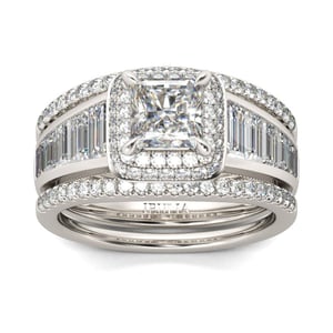Jeulia Double Halo Princess Cut Sterling Silver 3PC Ring Set
