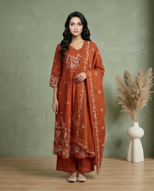 Rust Orange Floral Embroidered A-Line Kurta with Palazzo & Dupatta Set
