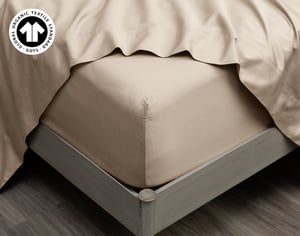 QE Home 300TC Organic Cotton Fitted Sheet in Ranchwood, GOTS Certified, Beige, King