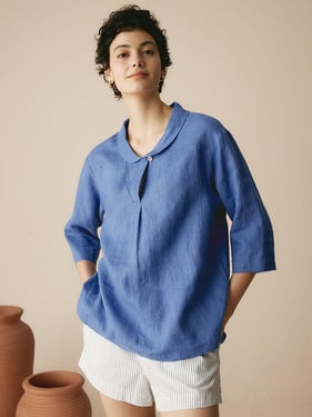 100% Linen Shawl V-Neck Half Sleeve Top JADE - Denim Blue / XXL