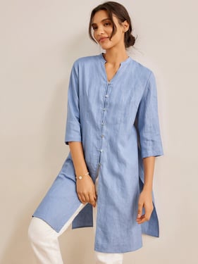 100% Linen Hand Button Long Top DILLON - Powder Blue / XXL