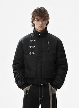 Detachable Faux Fur Collar Ruched Sleeve Bomber Jacket - Black / XL