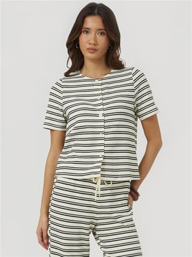 Brave Soul Short Sleeve Button To - Cream / Black Stripe - XS