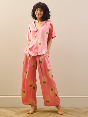 Womens Satin Oversize Pyjamas Pink Gold Peacock Feather - 3XL / 22-24 / Pink