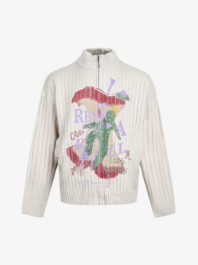 Retro Abstract Print Ribbed Stand Collar Zip-Up Sweater - Gray / XXL