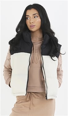 Brave Soul Contrast Colour Block High Neck Gilet - Stone/Black - 8