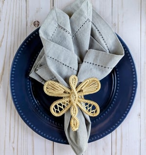 Dragonfly Handwoven Iraca Napkin Ring - Natural Palm with Color Accents / Dark Green