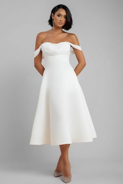 Goddiva Sparkle Chiffon Cowl Bardot Skater Midi Dress - Cream