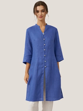 100% Linen Hand Button Long Top DILLON - Royal Blue / XXL