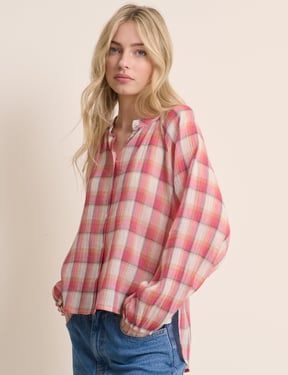 Red Check Balloon Sleeve Blouse