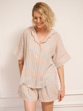 Womens Baby Pastel Stripe Gauze Oversize Shorts Pyjama Set - 3XL / 22-24 / Natural