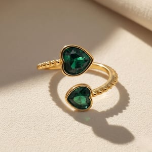 Double Heart Emerald May Birthstone Adjustable Gold Plated Ring