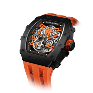TSAR BOMBA Men's Automatic Watch | Black Orange | Stainless Steel Case | Japanese Mechanical Skeleton Movement | Luxury Sport Wristwatch | Elemental TB8208A