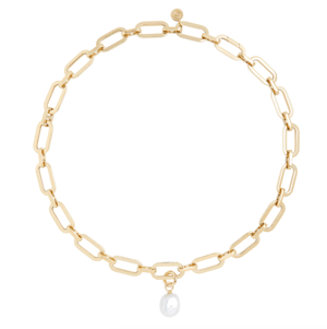 Link Chain Necklace and Baroque Pearl Charm Gold Set