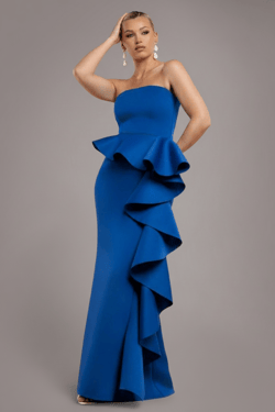 Goddiva Boobtube Peplum  Waterfall Frill Maxi Dress - Royal Blue