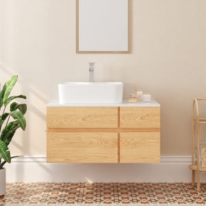 31" Floating Bathroom Vanity Faux Marble Top Ceramic Vessel Sink Natural & White