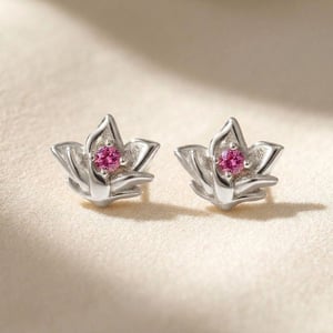 Ruby July Birthstone Larkspur Birthflower Sterling Silver Stud Earrings