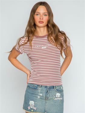 Daisy Street Ringer T-Shirt - Pink Stripe - XS