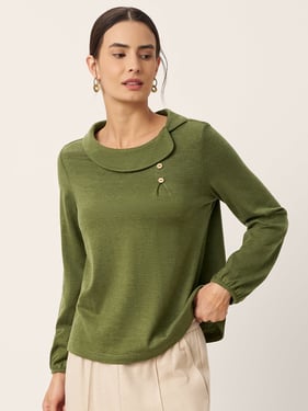 Wool Asymmetric Pleated Long Sleeve Top ARLETTE - Mossy Green / XXL