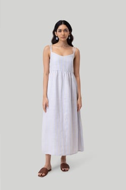 Strappy Gathered Midi Dress in Linen Stripes - Textured Stripes / L