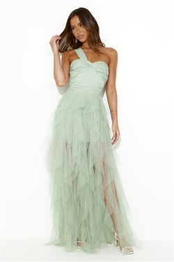 Extravagance Is Me One Shoulder Tulle Maxi Dress Sage