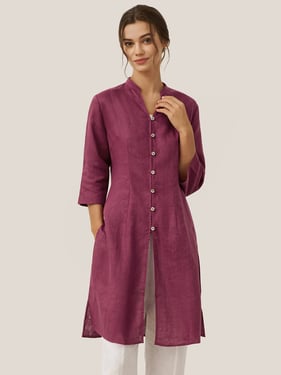 100% Linen Hand Button Long Top DILLON - Rosewood / XXL