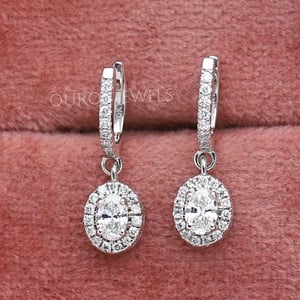 Oval Shape Lab Grown Diamond Halo Drop Earrings - 935 Argentium Silver