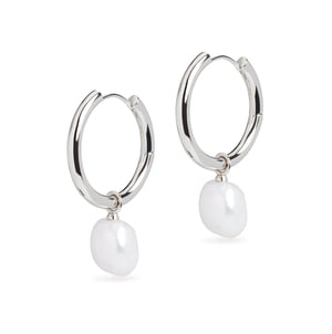 Large Hoop and Baroque Pearl Charm Silver Earring Set
