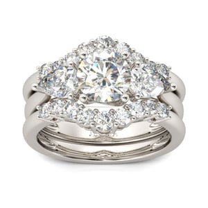 Jeulia Three Stone Round Cut Sterling Silver Ring Set