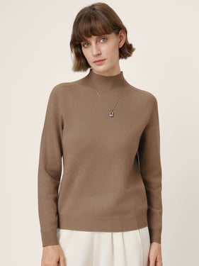 Premium Cashmere Blend Hand-Finished Seamless Mock Neck Ribbed Sweater RHEA - Caramel Brown / XXL