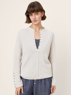 Mongolian Cashmere and Mulberry Silk Henley Knit Top PEARL - Grayish Ivory / L