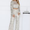 Dazzling Sequin Long Sleeve Backless Pant Set Silver