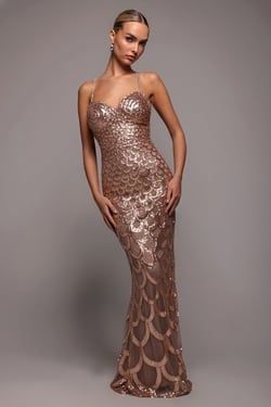 Goddiva Diamante Strap Fish Scale Sequin Maxi Dress - Champagne