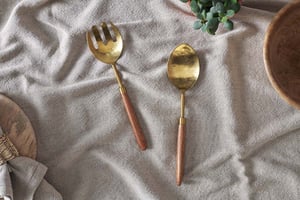nkuku Soni Salad Servers Set Of 2 | Serveware | One Size | Gold & Acacia