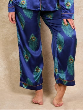 Womens Stand Alone Satin Traditional Pyjama Bottoms, Navy Peacock Feather - 3XL / 22-24 / Blue