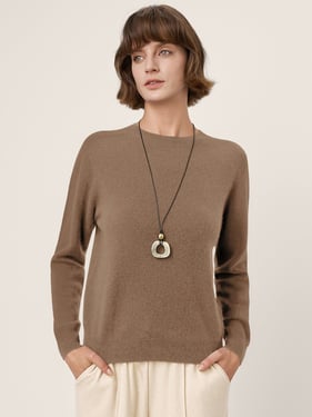 Premium Cashmere Blend Hand-Finished Seamless Crew Neck Ribbed Trim Knit Top WANDA - Caramel Brown / XXL